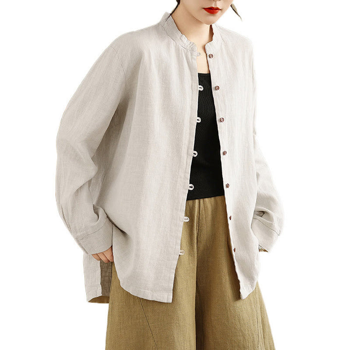 Koszula damska z długim rękawem z bawełny i lnu w jednolitym kolorze z Buddha Stones i guzikami z przodu - image 9