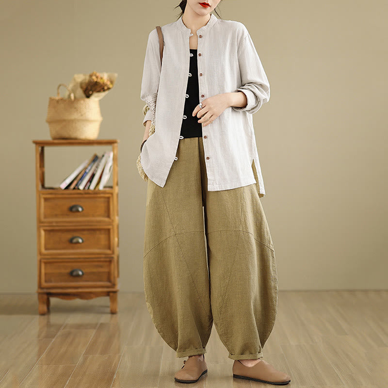 Koszula damska z długim rękawem z bawełny i lnu w jednolitym kolorze z Buddha Stones i guzikami z przodu - image 6