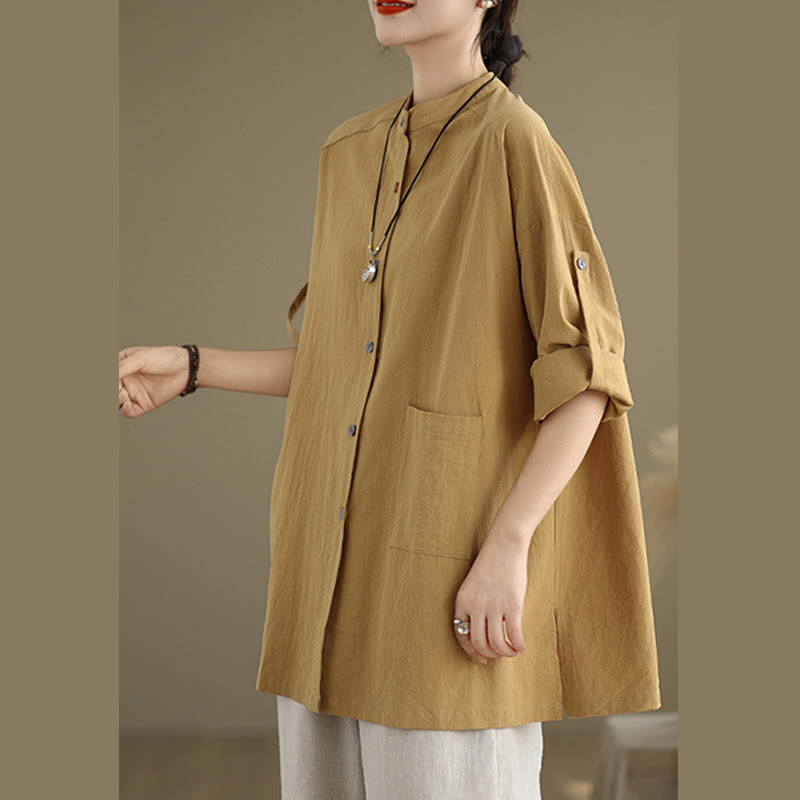 Koszula damska z długim rękawem z bawełny i lnu Buddha Stones Commute w jednolitym kolorze z kieszenią - image 2