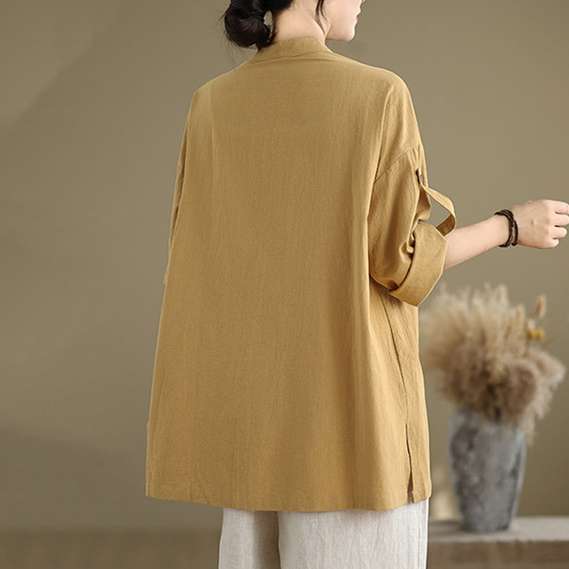 Koszula damska z długim rękawem z bawełny i lnu Buddha Stones Commute w jednolitym kolorze z kieszenią - image 3