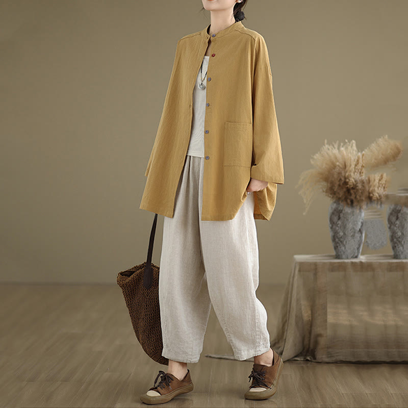 Koszula damska z długim rękawem z bawełny i lnu Buddha Stones Commute w jednolitym kolorze z kieszenią - image 6