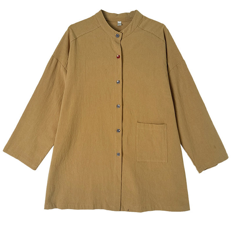 Koszula damska z długim rękawem z bawełny i lnu Buddha Stones Commute w jednolitym kolorze z kieszenią - image 11