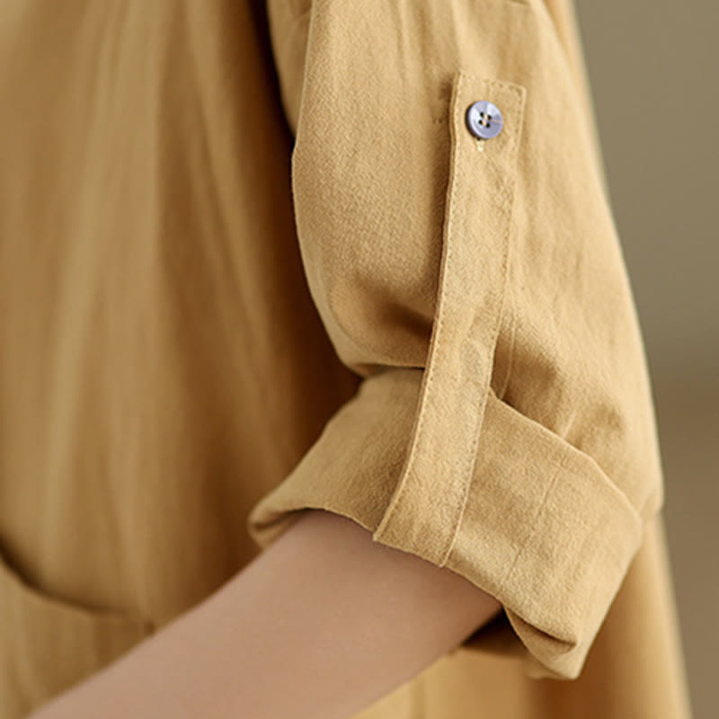 Koszula damska z długim rękawem z bawełny i lnu Buddha Stones Commute w jednolitym kolorze z kieszenią - image 9