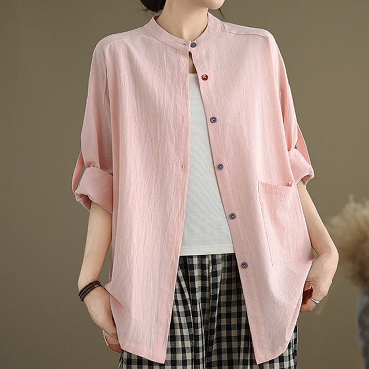 Koszula damska z długim rękawem z bawełny i lnu Buddha Stones Commute w jednolitym kolorze z kieszenią - image 18