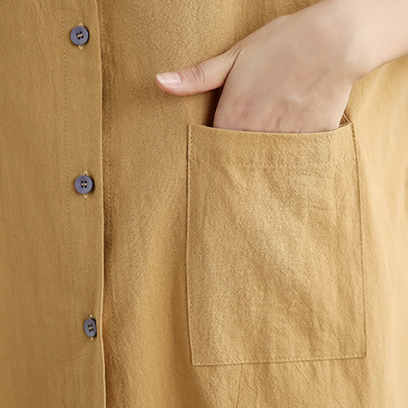 Koszula damska z długim rękawem z bawełny i lnu Buddha Stones Commute w jednolitym kolorze z kieszenią - image 10