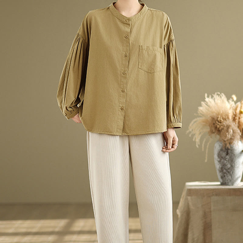 Koszula damska z długim rękawem z bawełny i lnu Buddha Stones Commute Half Buttons z zakładkami w harmonijkę - image 7