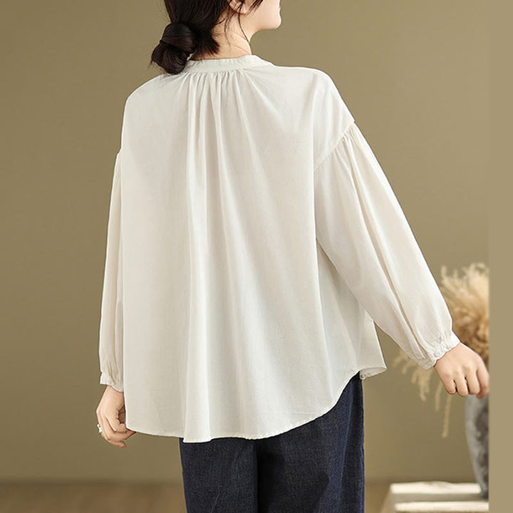 Koszula damska z długim rękawem z bawełny i lnu Buddha Stones Commute Half Buttons z zakładkami w harmonijkę - image 20