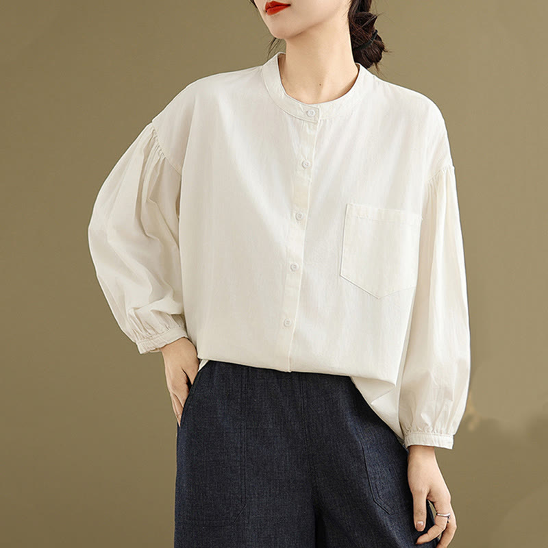 Koszula damska z długim rękawem z bawełny i lnu Buddha Stones Commute Half Buttons z zakładkami w harmonijkę - image 21