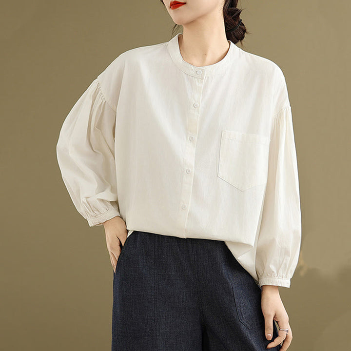 Koszula damska z długim rękawem z bawełny i lnu Buddha Stones Commute Half Buttons z zakładkami w harmonijkę - image 21