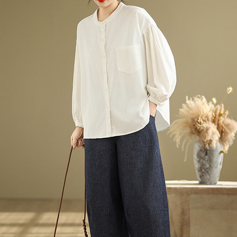 Koszula damska z długim rękawem z bawełny i lnu Buddha Stones Commute Half Buttons z zakładkami w harmonijkę - image 24