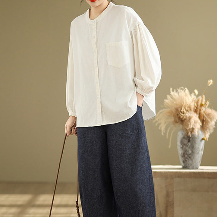 Koszula damska z długim rękawem z bawełny i lnu Buddha Stones Commute Half Buttons z zakładkami w harmonijkę - image 24