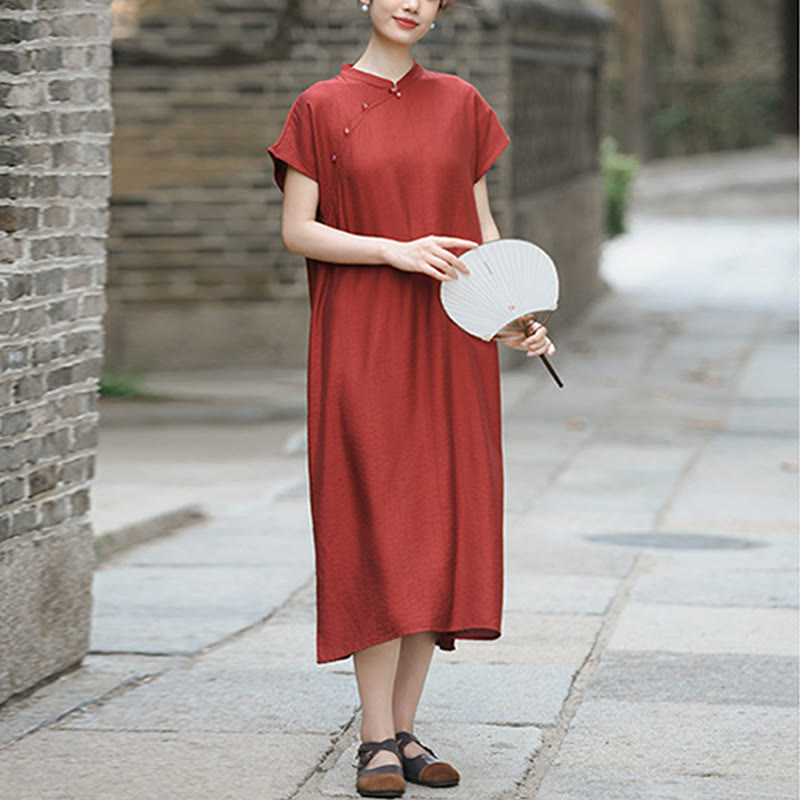 Sukienka midi z krótkim rękawem i bawełny lnianej z motywem Buddha Stones w prostym stylu cheongsam i sznurowaniem - image 5