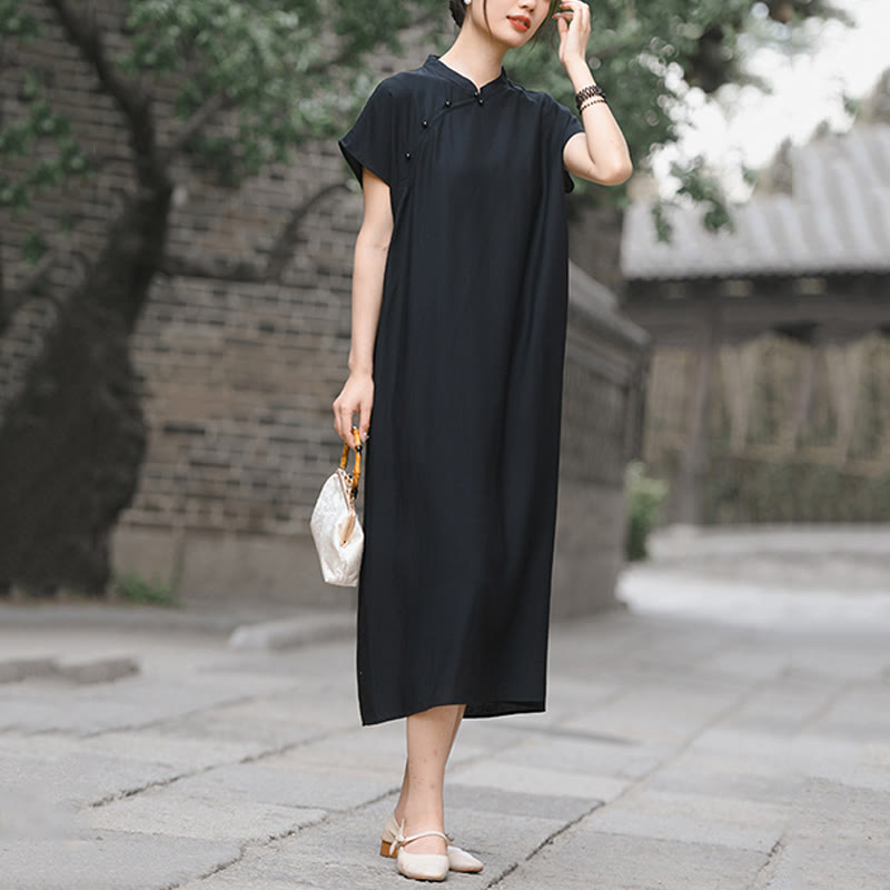 Sukienka midi z krótkim rękawem i bawełny lnianej z motywem Buddha Stones w prostym stylu cheongsam i sznurowaniem - image 17