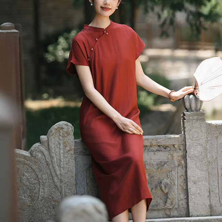 Sukienka midi z krótkim rękawem i bawełny lnianej z motywem Buddha Stones w prostym stylu cheongsam i sznurowaniem - image 10