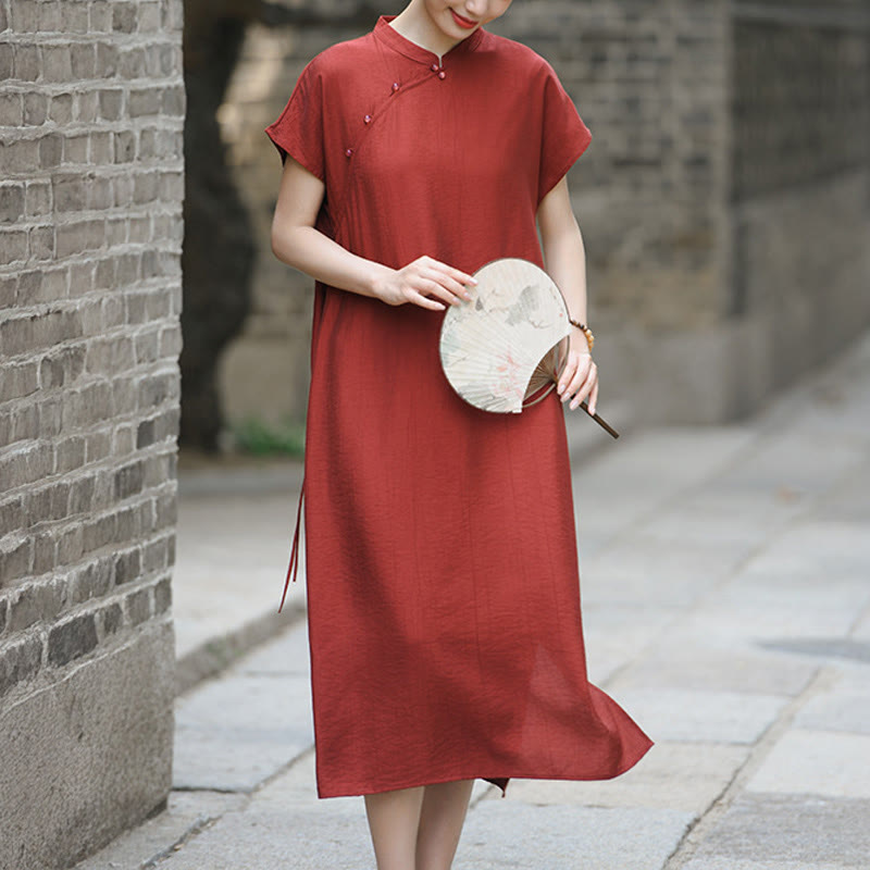 Sukienka midi z krótkim rękawem i bawełny lnianej z motywem Buddha Stones w prostym stylu cheongsam i sznurowaniem - Cegła ogniotrwała - US8-10，UK/AU12-14，EU40-42 (2XL) - image 1