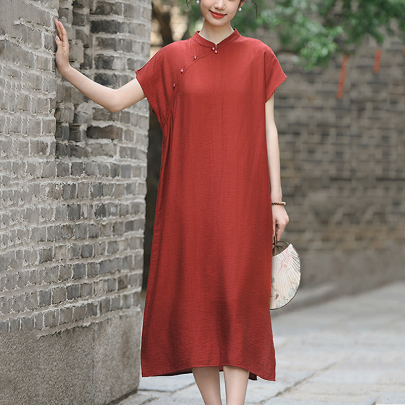 Sukienka midi z krótkim rękawem i bawełny lnianej z motywem Buddha Stones w prostym stylu cheongsam i sznurowaniem - image 7