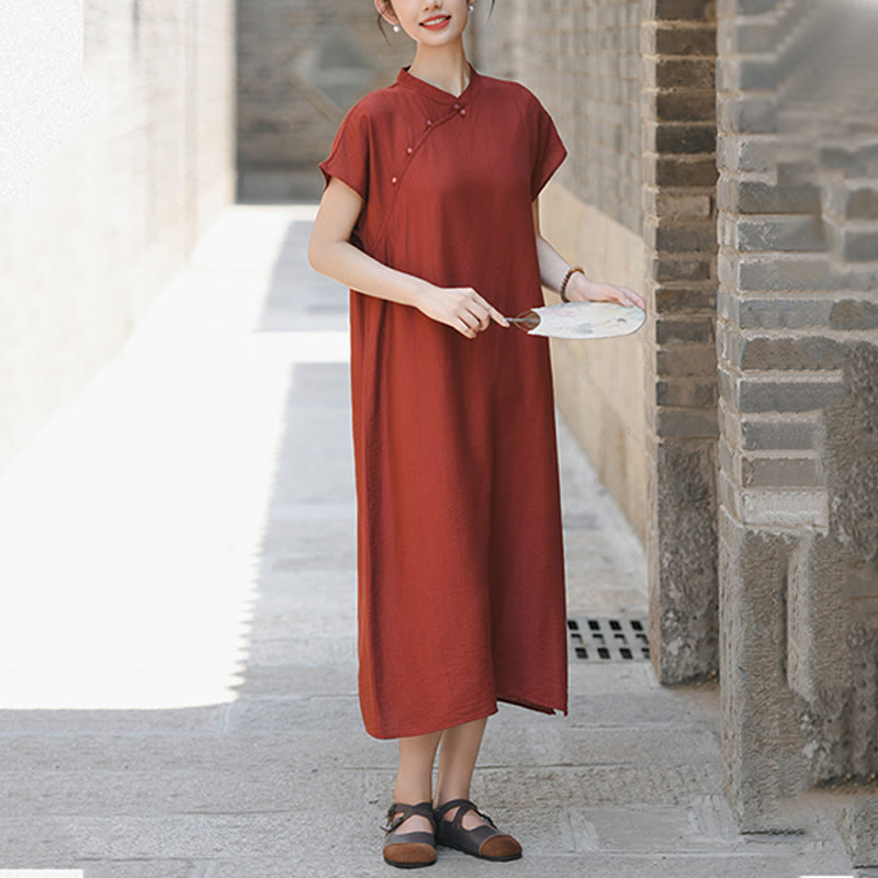 Sukienka midi z krótkim rękawem i bawełny lnianej z motywem Buddha Stones w prostym stylu cheongsam i sznurowaniem - image 6