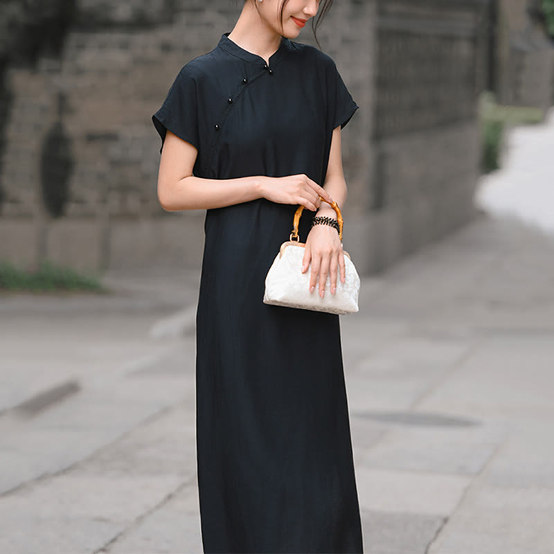 Sukienka midi z krótkim rękawem i bawełny lnianej z motywem Buddha Stones w prostym stylu cheongsam i sznurowaniem - image 22