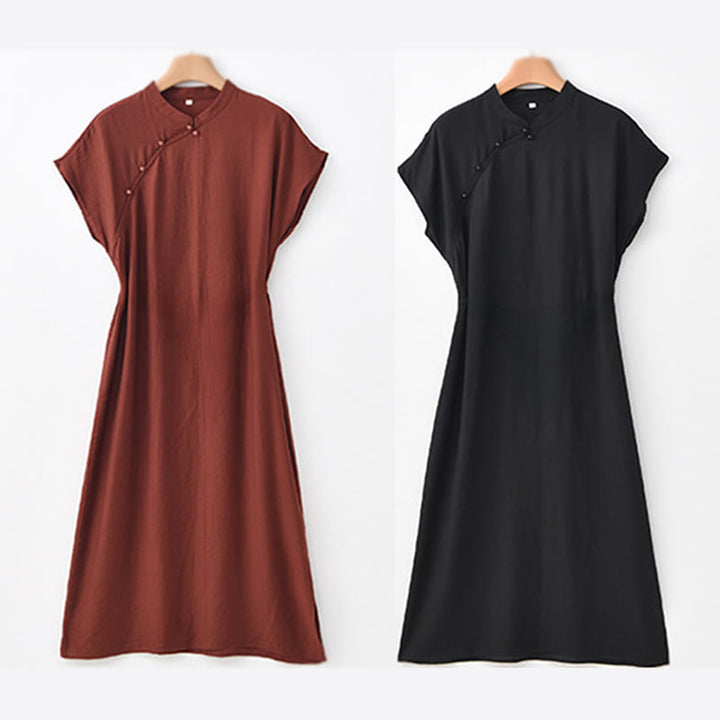 Sukienka midi z krótkim rękawem i bawełny lnianej z motywem Buddha Stones w prostym stylu cheongsam i sznurowaniem - image 23