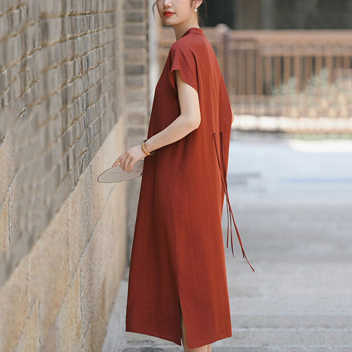 Sukienka midi z krótkim rękawem i bawełny lnianej z motywem Buddha Stones w prostym stylu cheongsam i sznurowaniem - image 8