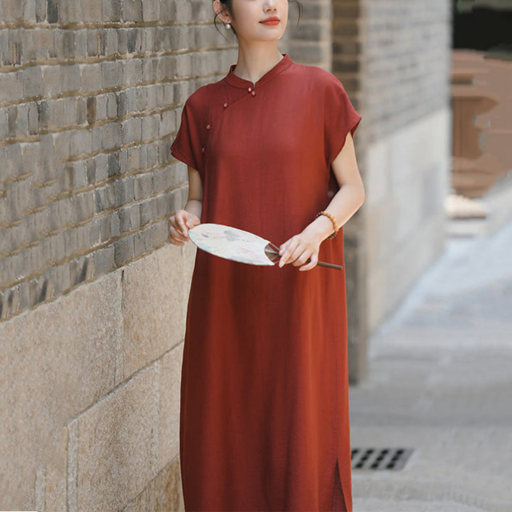 Sukienka midi z krótkim rękawem i bawełny lnianej z motywem Buddha Stones w prostym stylu cheongsam i sznurowaniem - image 9