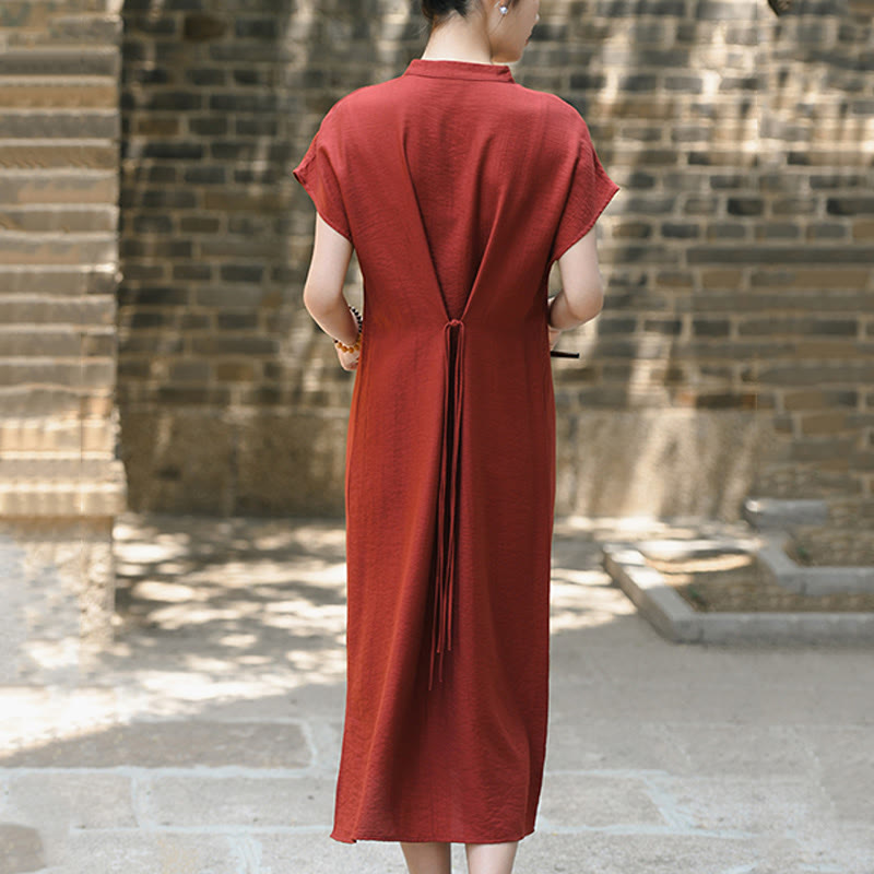 Sukienka midi z krótkim rękawem i bawełny lnianej z motywem Buddha Stones w prostym stylu cheongsam i sznurowaniem - image 3