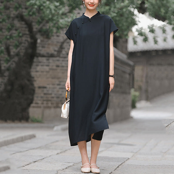 Sukienka midi z krótkim rękawem i bawełny lnianej z motywem Buddha Stones w prostym stylu cheongsam i sznurowaniem - image 20