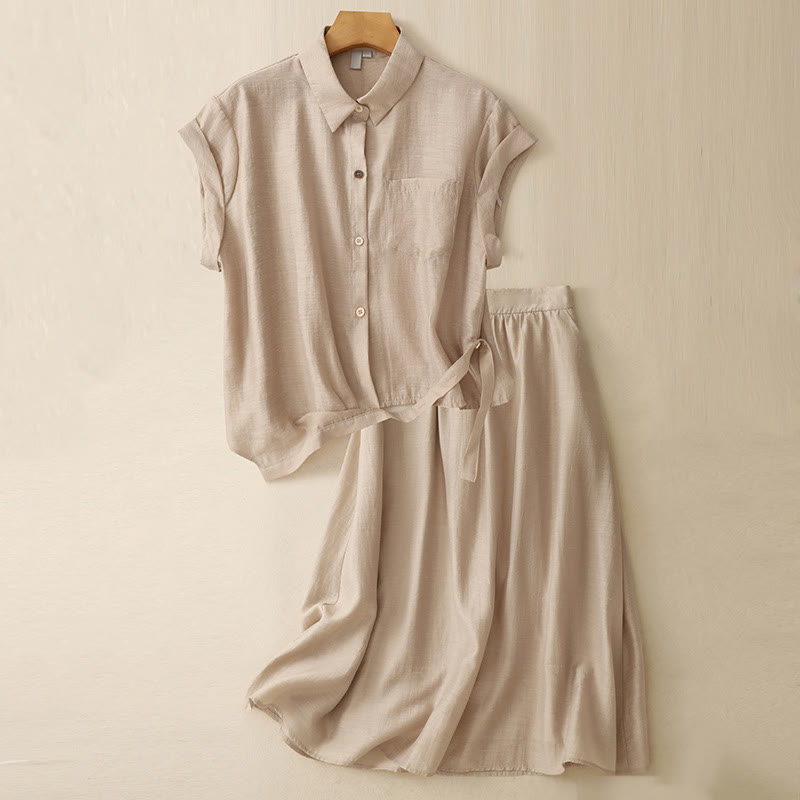 Koszula z krótkim rękawem i spódnicą z kieszeniami, 2 sztuki , Buddha Stones, długość 7-8, komplet z bawełny i lnu dla kobiet - Pszenica - US8-10，UK/AU12-14，EU40-42 (2XL) - image 15