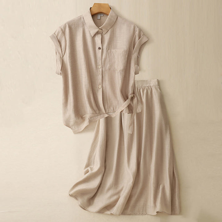 Koszula z krótkim rękawem i spódnicą z kieszeniami, 2 sztuki , Buddha Stones, długość 7-8, komplet z bawełny i lnu dla kobiet - Pszenica - US8-10，UK/AU12-14，EU40-42 (2XL) - image 15
