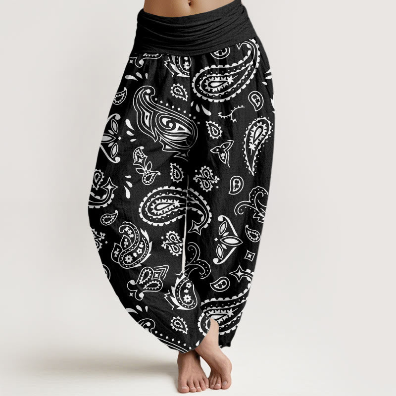 Spodnie haremowe damskie z elastycznym pasem i Buddha Stones w klasycznym stylu paisley - Czarny - US22, UK/AU26, EU54 (6XL) - image 8