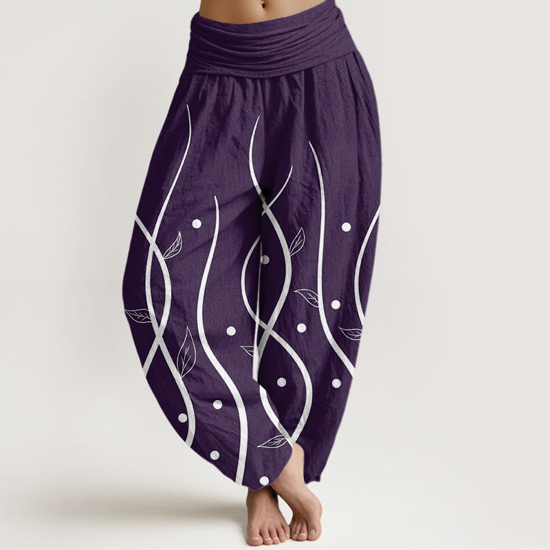 Spodnie haremki damskie z elastyczną talią i wzorem liści winorośli w minimalistycznym stylu Buddha Stones - Indygo - US22, UK/AU26, EU54 (6XL) - image 1