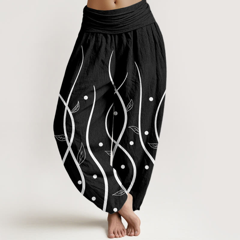 Spodnie haremki damskie z elastyczną talią i wzorem liści winorośli w minimalistycznym stylu Buddha Stones - Czarny - US22, UK/AU26, EU54 (6XL) - image 5