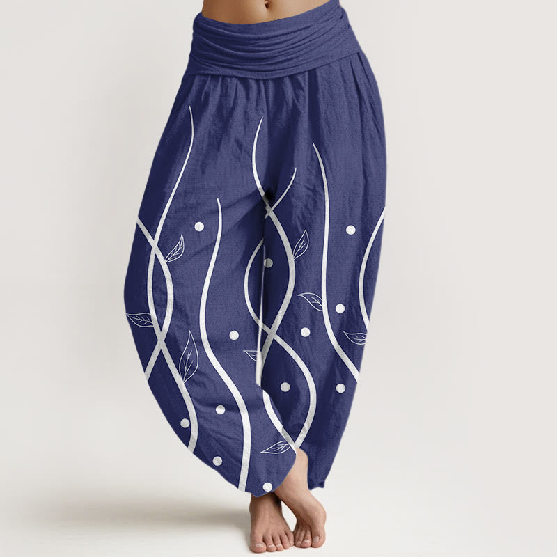 Spodnie haremki damskie z elastyczną talią i wzorem liści winorośli w minimalistycznym stylu Buddha Stones - Ciemnoniebieski - US22, UK/AU26, EU54 (6XL) - image 8
