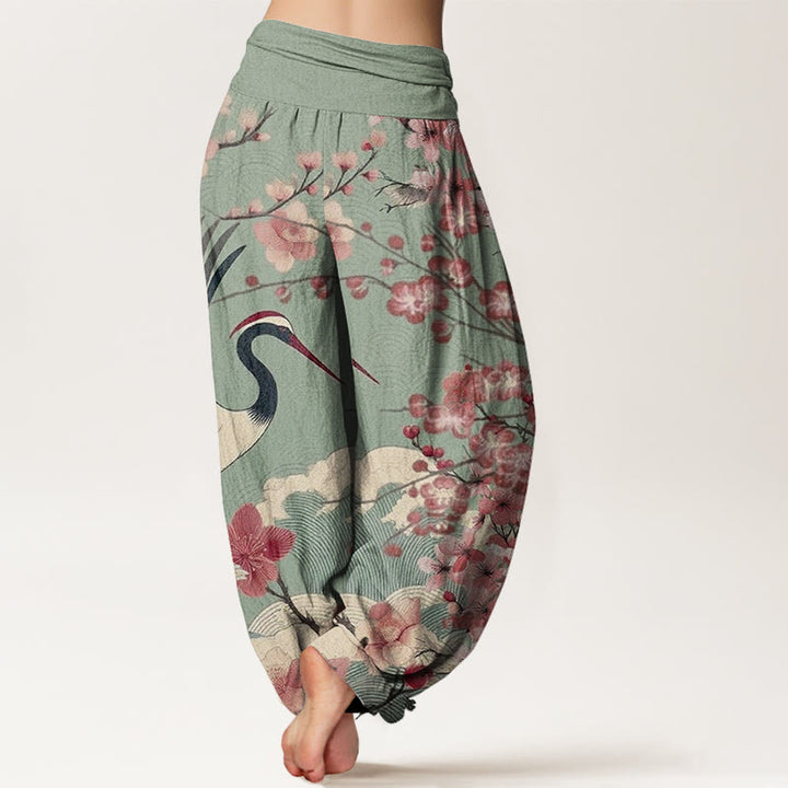Spodnie haremowe damskie z elastyczną talią i wzorem w kwiaty wiśni i żurawia w stylu casual z Buddha Stones - image 3