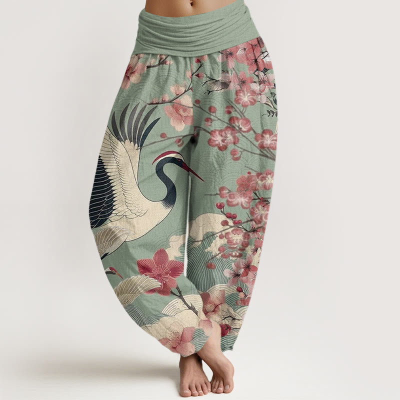 Spodnie haremowe damskie z elastyczną talią i wzorem w kwiaty wiśni i żurawia w stylu casual z Buddha Stones - DarkSeaGreen - US22, UK/AU26, EU54 (6XL) - image 1