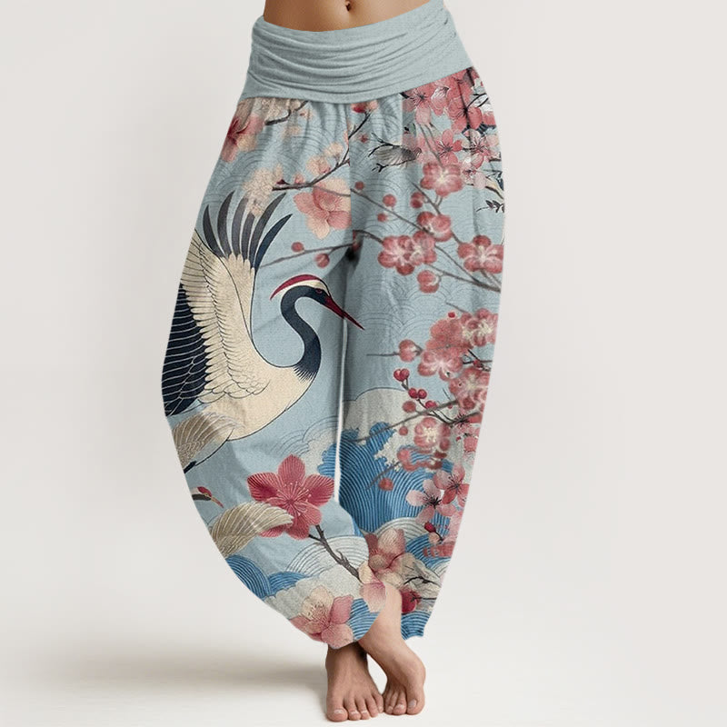 Spodnie haremowe damskie z elastyczną talią i wzorem w kwiaty wiśni i żurawia w stylu casual z Buddha Stones - SkyBlue - US22, UK/AU26, EU54 (6XL) - image 5