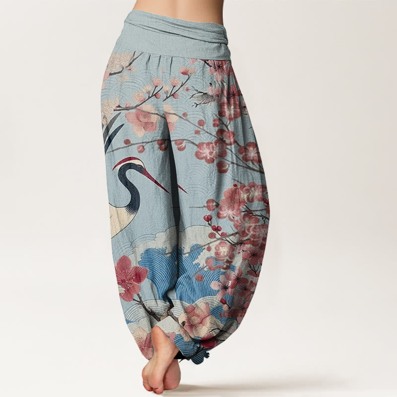 Spodnie haremowe damskie z elastyczną talią i wzorem w kwiaty wiśni i żurawia w stylu casual z Buddha Stones - image 7