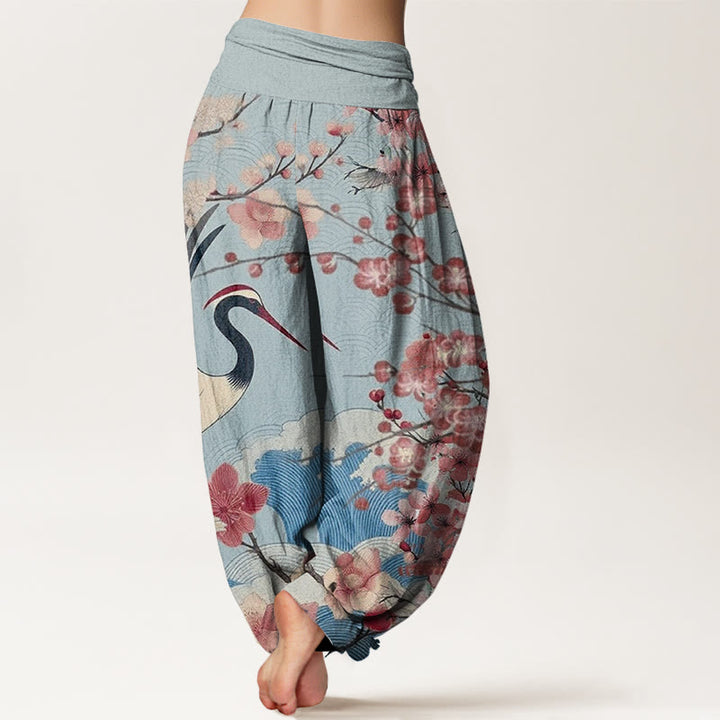 Spodnie haremowe damskie z elastyczną talią i wzorem w kwiaty wiśni i żurawia w stylu casual z Buddha Stones - image 7