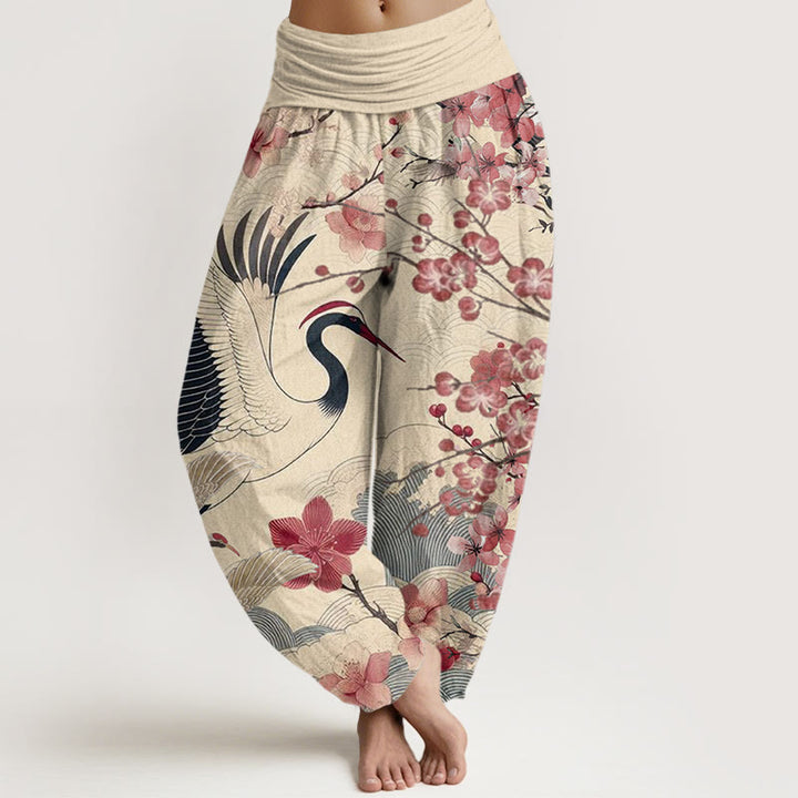 Spodnie haremowe damskie z elastyczną talią i wzorem w kwiaty wiśni i żurawia w stylu casual z Buddha Stones - PapayaWhip - US22, UK/AU26, EU54 (6XL) - image 8