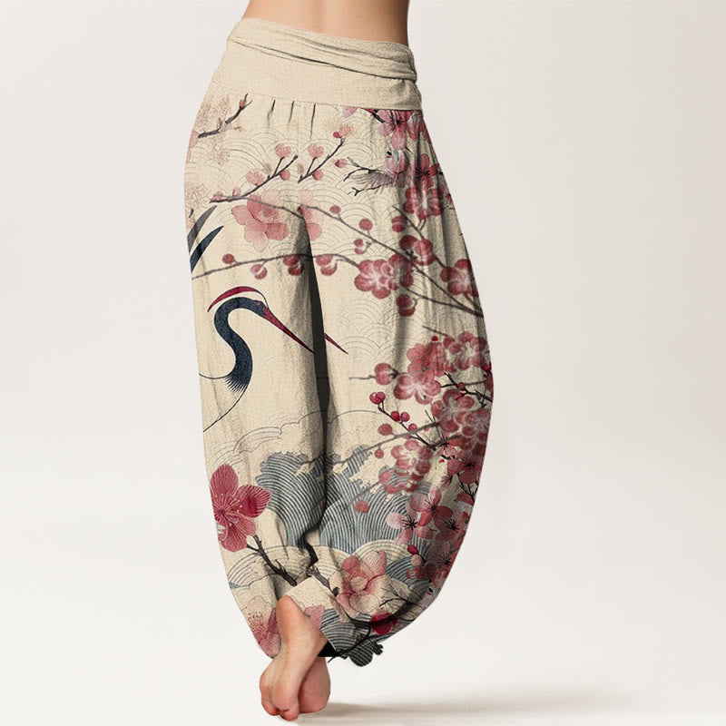 Spodnie haremowe damskie z elastyczną talią i wzorem w kwiaty wiśni i żurawia w stylu casual z Buddha Stones - image 10