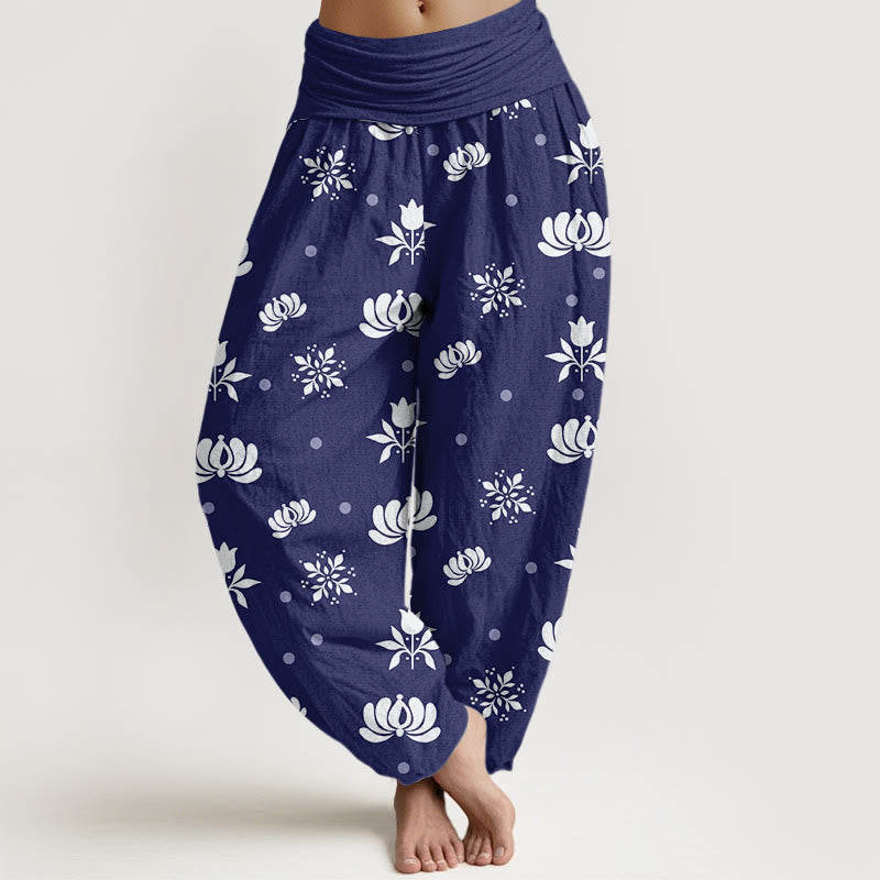Spodnie haremowe damskie z elastyczną talią i wzorem w drobne kropki z motywem lotosu w Buddha Stones - Ciemnoniebieski - US22, UK/AU26, EU54 (6XL) - image 1