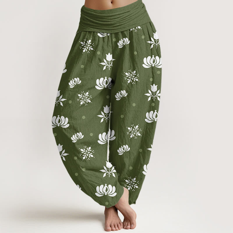 Spodnie haremowe damskie z elastyczną talią i wzorem w drobne kropki z motywem lotosu w Buddha Stones - Oliwkowy - US22, UK/AU26, EU54 (6XL) - image 5