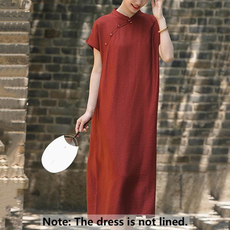 Sukienka midi z krótkim rękawem i bawełny lnianej z motywem Buddha Stones w prostym stylu cheongsam i sznurowaniem - image 2
