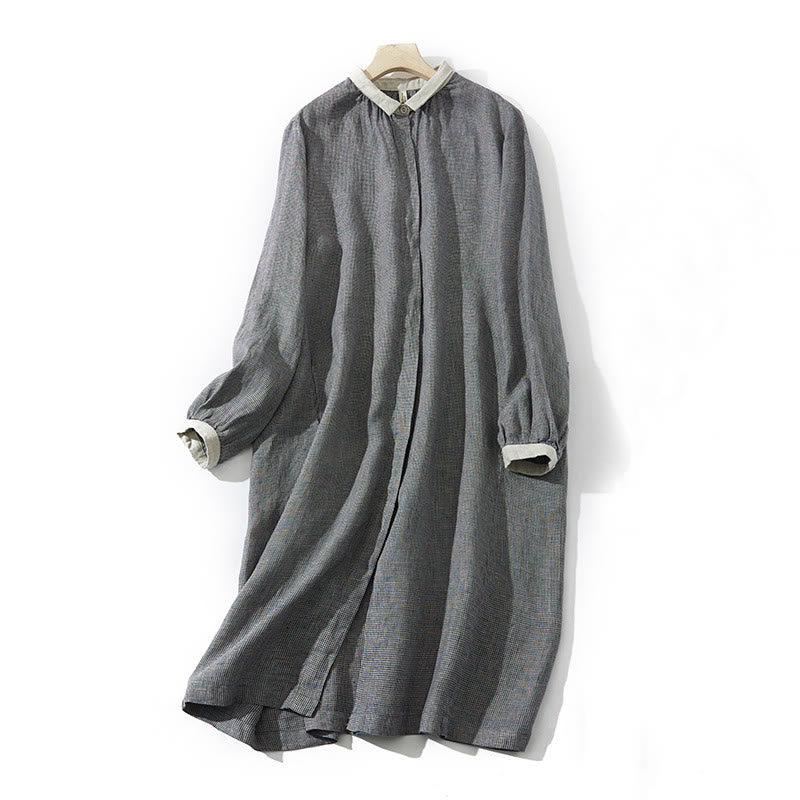 Sukienka midi z długim rękawem z bawełny i lnu Buddha Stones Commute DimGray w kratę w kształcie latarni z kieszeniami - DimGray - US8-10，UK/AU12-14，EU40-42 (2XL) - image 1