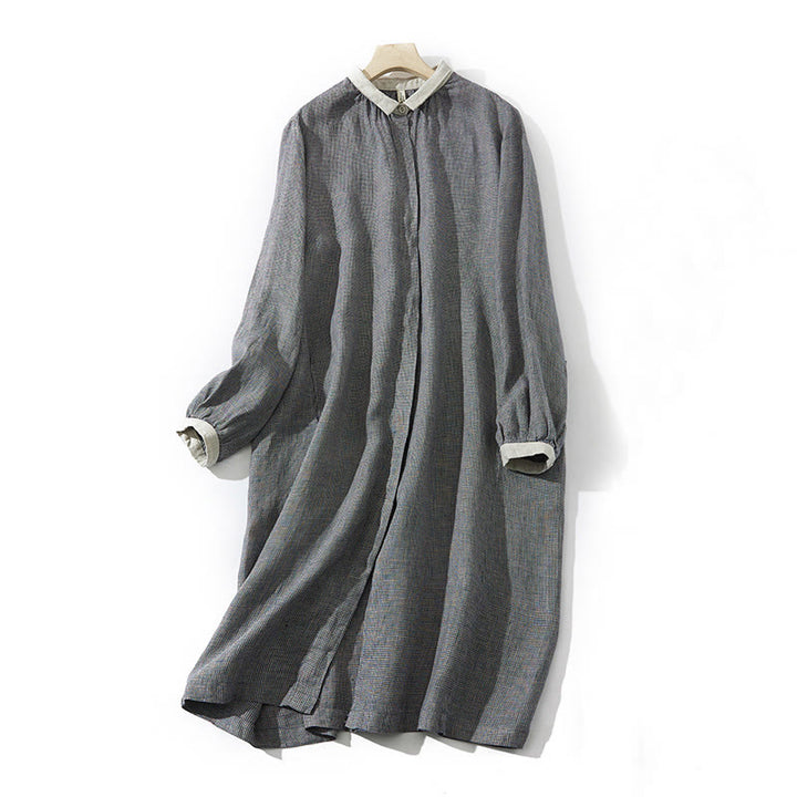 Sukienka midi z długim rękawem z bawełny i lnu Buddha Stones Commute DimGray w kratę w kształcie latarni z kieszeniami - DimGray - US8-10，UK/AU12-14，EU40-42 (2XL) - image 1