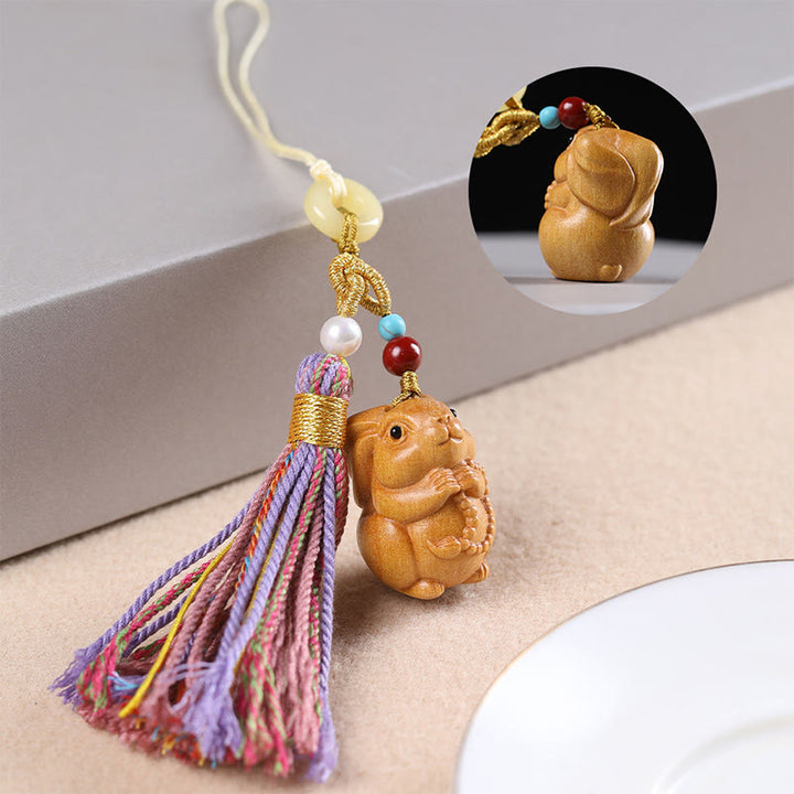 Buddha Stones sandałowego, 12 chińskich błogosławieństw zodiaku, kolorowe frędzle, brelok do kluczy - Królik - image 19