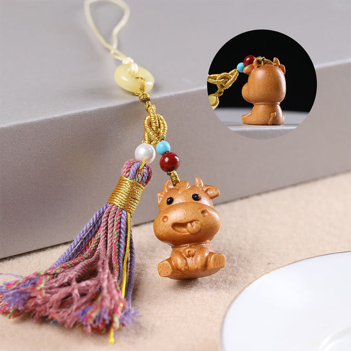 Buddha Stones sandałowego, 12 chińskich błogosławieństw zodiaku, kolorowe frędzle, brelok do kluczy - Wół - image 12
