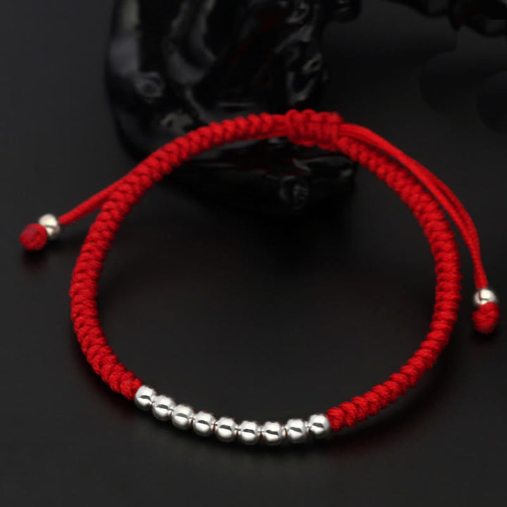 Bransoletka z Buddha Stones w stylu retro, ze srebra próby 925, z prostym wzorem węzła i sznurkiem szczęścia - Srebro próby 925 (obwód nadgarstka: 15-22 cm) - Czerwony - image 0