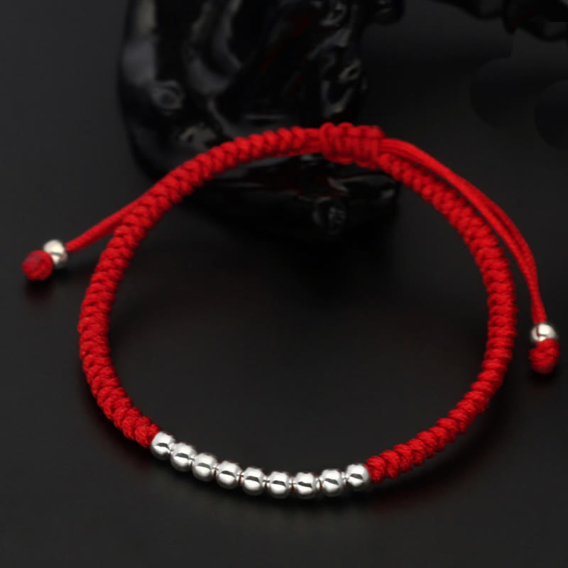 Bransoletka z Buddha Stones w stylu retro, ze srebra próby 925, z prostym wzorem węzła i sznurkiem szczęścia - Srebro próby 925 (obwód nadgarstka: 15-22 cm) - Czerwony - image 0