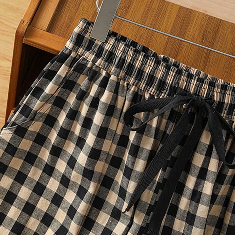 Buddha Stones damskie z szerokimi nogawkami i kieszeniami, z szerokimi nogawkami i bawełnianymi przeszyciami w kratkę, w rozmiarze 7-8 - image 7